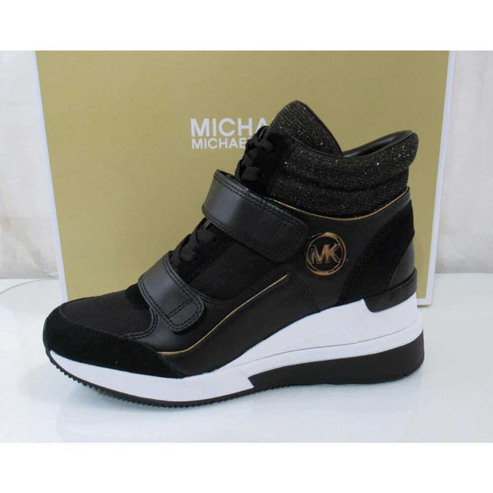 Michael Kors Gentry High Top Wedge Trainer Sneakers MK Logo Black Bronze Size 9 - Picture 2 of 7